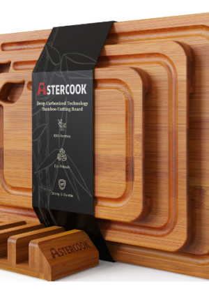 Astercook 4-Pieces Wood Cutting Board, Bamboo Chopping Board for Kitchen with Holder, Cutting Boards Set with Juice Groove and Handles, Charcuterie Board for Chopping Meat, Vegetables and Fruits