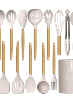 oannao Silicone Cooking Utensils Set - 446°F Heat Resistant Silicone Kitchen Utensils for Cooking,Kitchen Utensil Spatula Set w Wooden Handles,Holder, BPA FREE Gadgets for Non-Stick Cookware (Khaki)