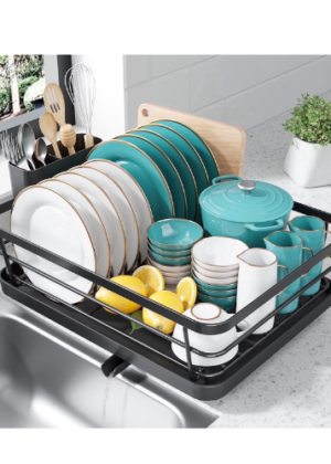 Sakugi Dish Drying Rack, Compact Dish Racks for Kitchen Counter, 15''L x 12''W x 5''H , Black