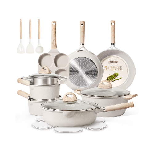 Carote 21pcs Pots and Pans Set Non Stick, Cookware Set Induction Ready, Kitchen Cooking Set, Beige