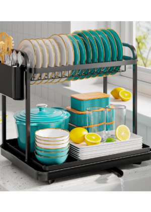Sakugi Dish Drying Rack, 2-Tier Stainless Steel Dish Racks, Dish Drainer for Kitchen Counter, Black