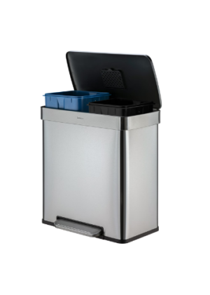 Qualiazero Kitchen Trash Can, 16 Gallon Stainless Steel Step Dual Compartment Reclcying Garbage Bin with Soft Close Lid, Silver