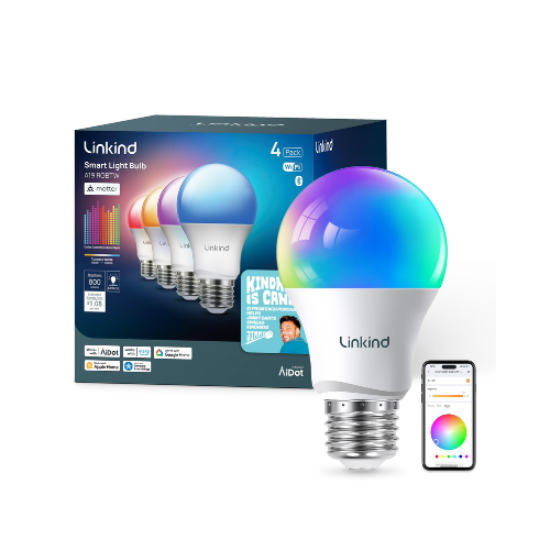 Linkind A19 Matter Smart Light Bulb, Color Changing Smart Bulb, 9W, 800lm, E26 Base, Jimmy Darts Version (4 Pack), 2025 Upgraded