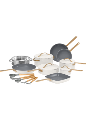 Beautiful 18-Piece Ceramic Nonstick Cookware Set, Pots & Pans with Strainer Lids & Kitchen Utensils, White Icing by Drew Barrymore