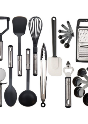 Lux Decor Collection 23 Pieces Cooking Utensils Set, Kitchen Utensils Sets of Nylon and Stainless Steel Utensils Set Pack of 1, Black Utensils Set