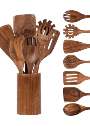 VAVSEA Thick Wooden Spoons for Cooking, 8 Pcs Natural Wooden Utensil for Cooking with Non-Stick, Heat Resistant, Wood Kitchen Utensil Set