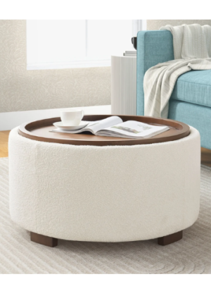 Caysey 30.1" W Upholstered Round Storage Ottoman with Wooden Tray