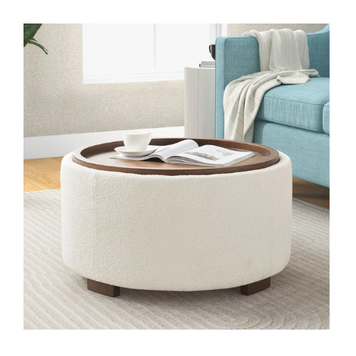 Caysey 30.1" W Upholstered Round Storage Ottoman with Wooden Tray
